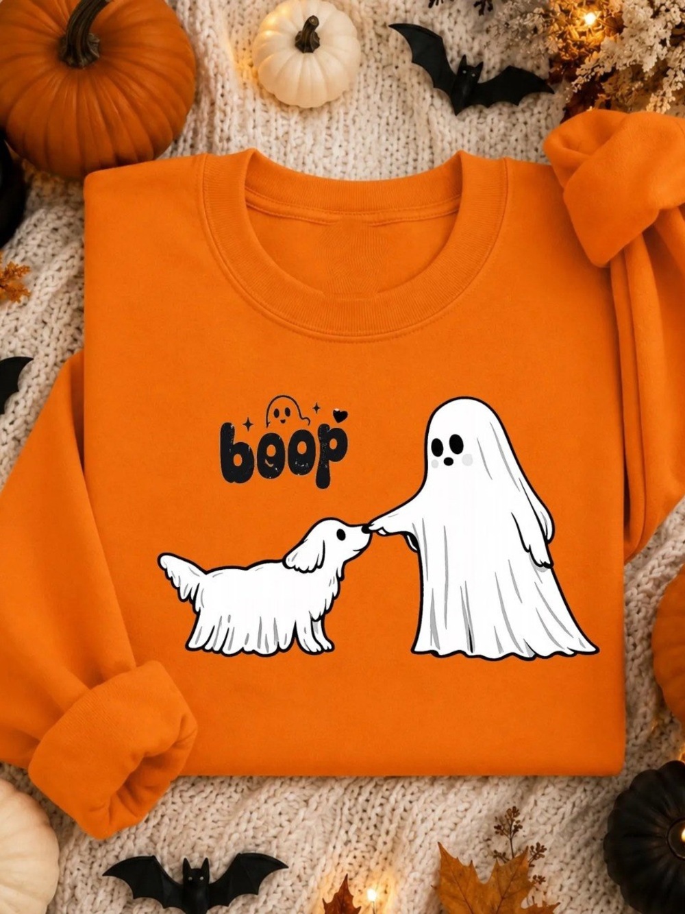 Gildan Orange Sweatshirt with White Ghost & Dog Boop Graphic, Gift For Her, Him